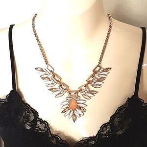 **3/$25** Statement Necklace Gold Tone Chain -White & Coral -EXCELLENT CONDITION